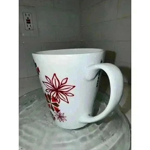 Starbucks Coffee Mug 2013 Holiday Poinsettia + Snowflakes Abstract 11oz cup 4" - Picture 2 of 10